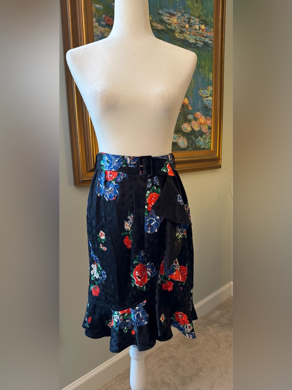 NWT Tory Burch Navy Tea Rose Silk Jaquard Wrap Around Ruffle Skirt Size 2